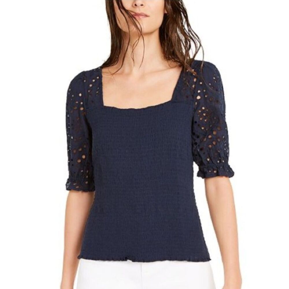 NWT Navy Blue Sz XXL Smocked Square Neck Eyelet Puff Sleeves Stretchy Shirt INC